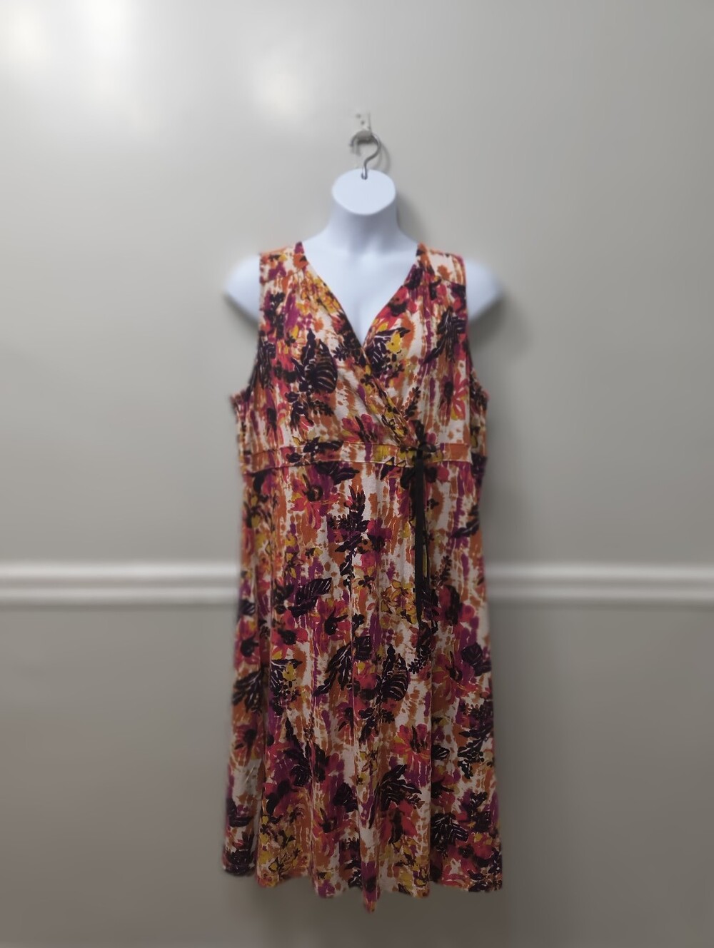 Eddie Bauer Floral Faux Wrap Sleeveless Wrap Dress  XXL Red Orange Summer Casual